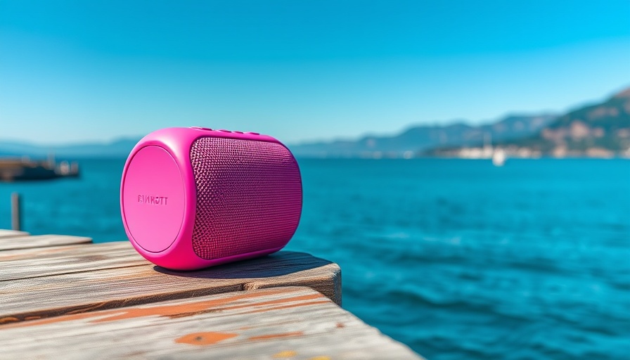 Bright pink Bluetooth speaker overlooking scenic waterfront