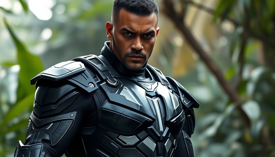 Detailed black superhero in lush jungle background.