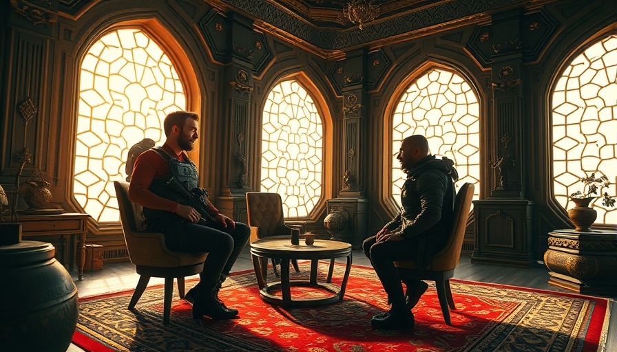 Futuristic sci-fi meeting room in Dune Awakening Landsraad system, warm sunlight.