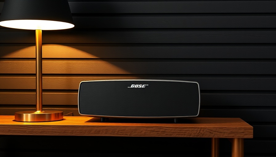 Bose SoundLink Home speaker on a wooden shelf with lamp, review context.