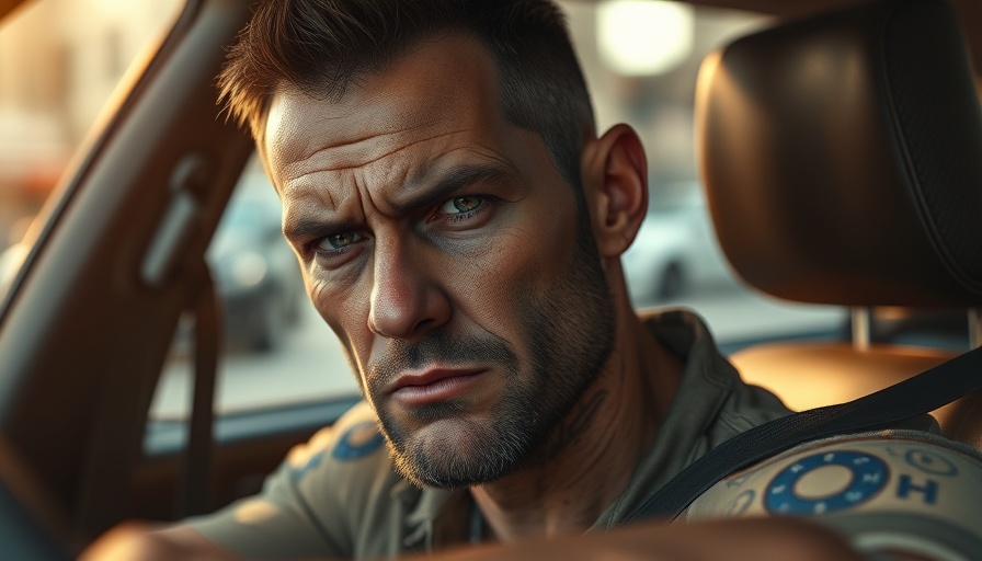 Hardened male with scars in vehicle, MindsEye video game development.