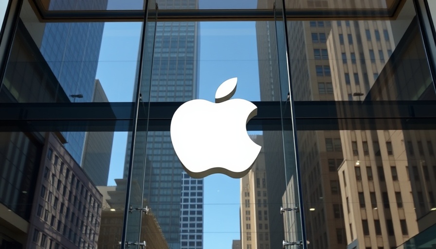 Impact of tariffs on Apple's sleek glass storefront, urban reflections.