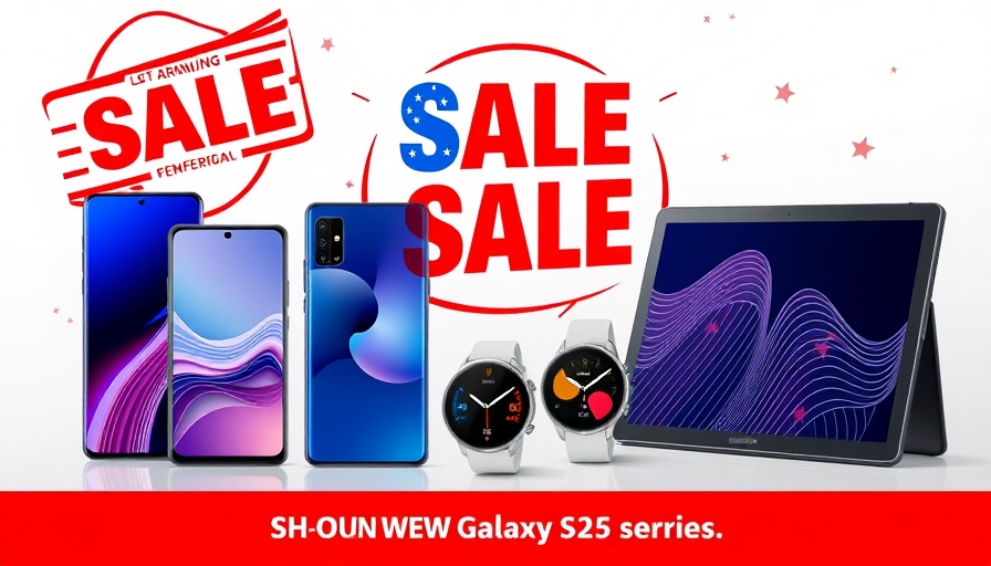 Galaxy S25 series discounts promotion with electronic devices and flag.