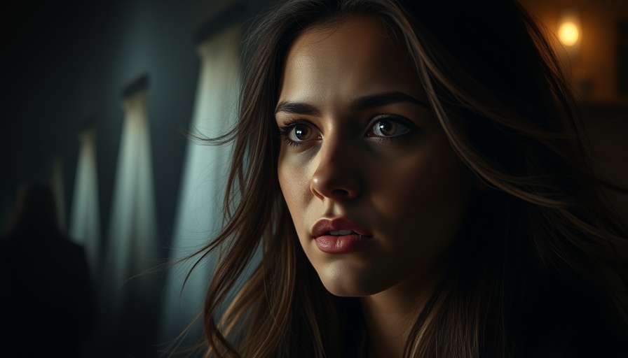 Realistic young woman with somber expression in dimly lit room.