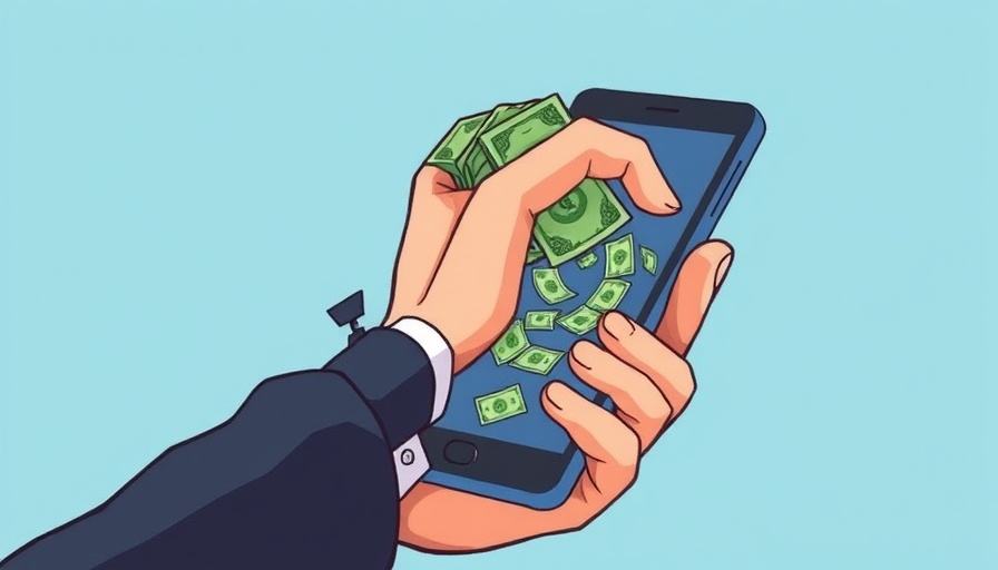 Illustration of digital threat with a hand taking money from a smartphone symbolizing banking trojans threatening Android devices 2025.