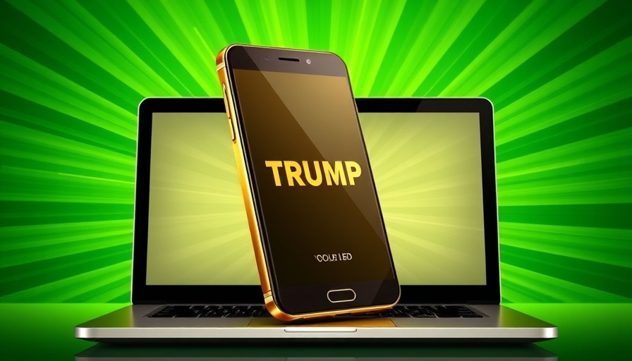 Trump Mobile service launch featuring gold smartphone on laptop.