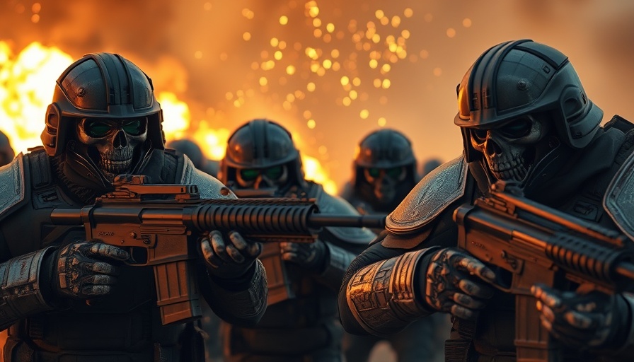 Intense scene of armored soldiers in explosive backdrop highlighting weaponry innovations.
