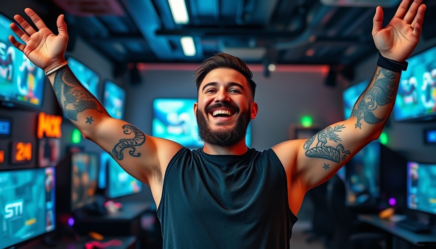 Casual bearded man in gaming setup, expressing joy, harassment in esports.