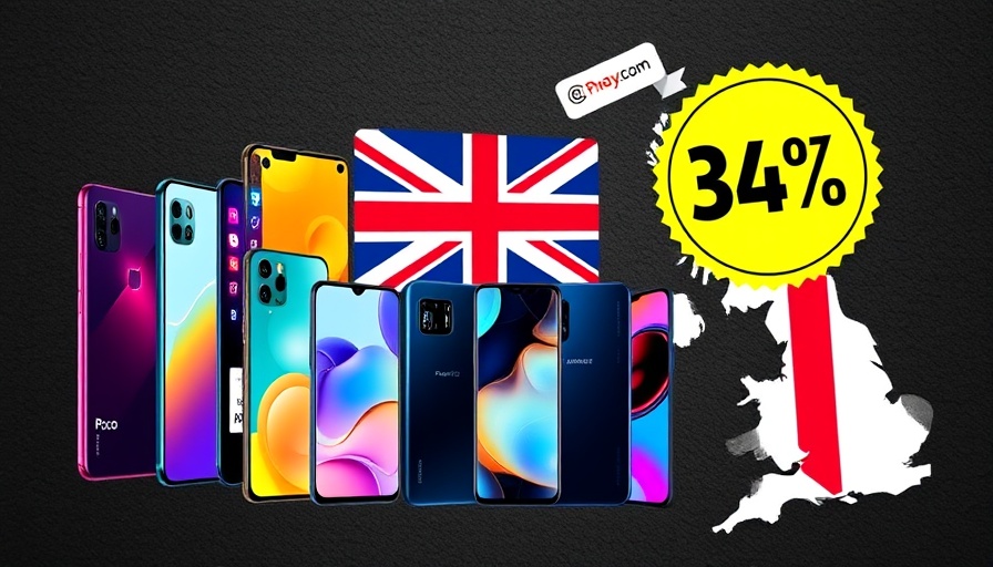 Smartphone collage with UK flag, showcasing Poco F7 price cut and Galaxy S25 Edge discount.