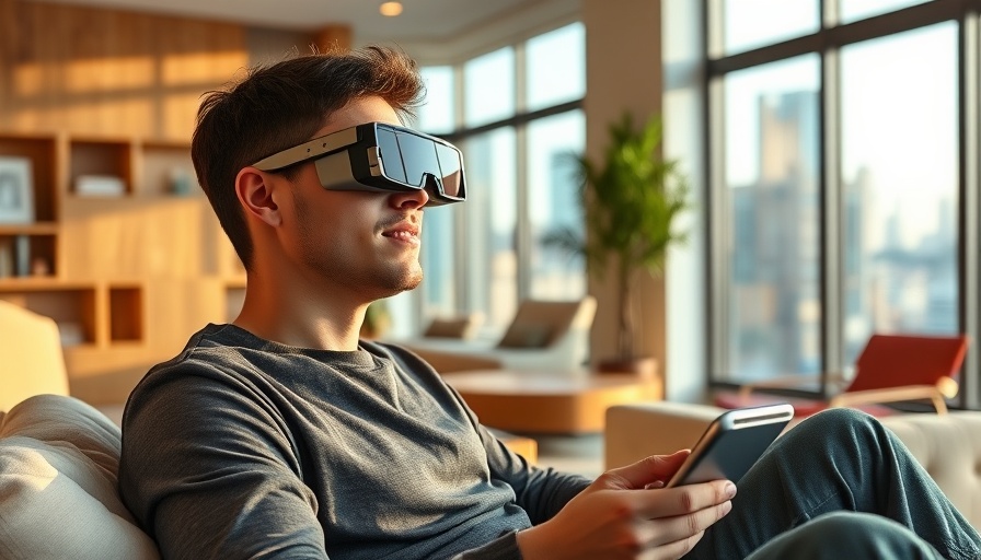 Futuristic smart glasses worn by a young man in a modern room with city view.