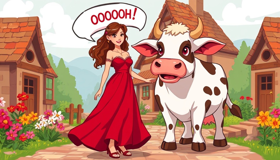 Pixel art woman with cow in village setting, text 'OOOH! OOOOH!'