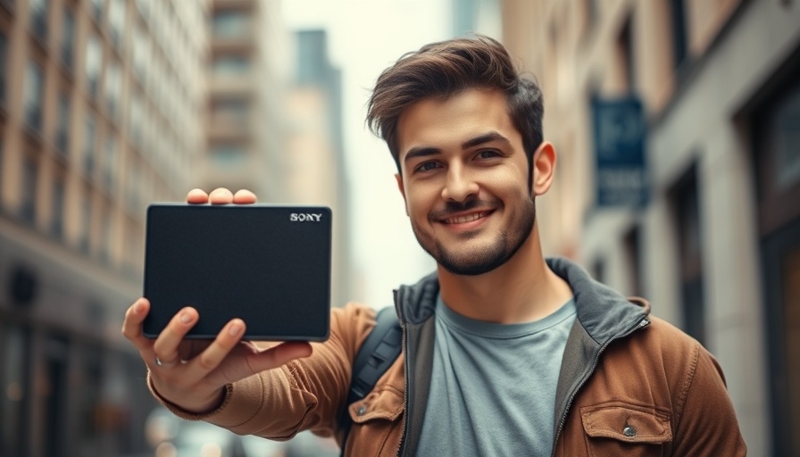 Man showcasing Sony ULT Field 5 speaker in urban setting.