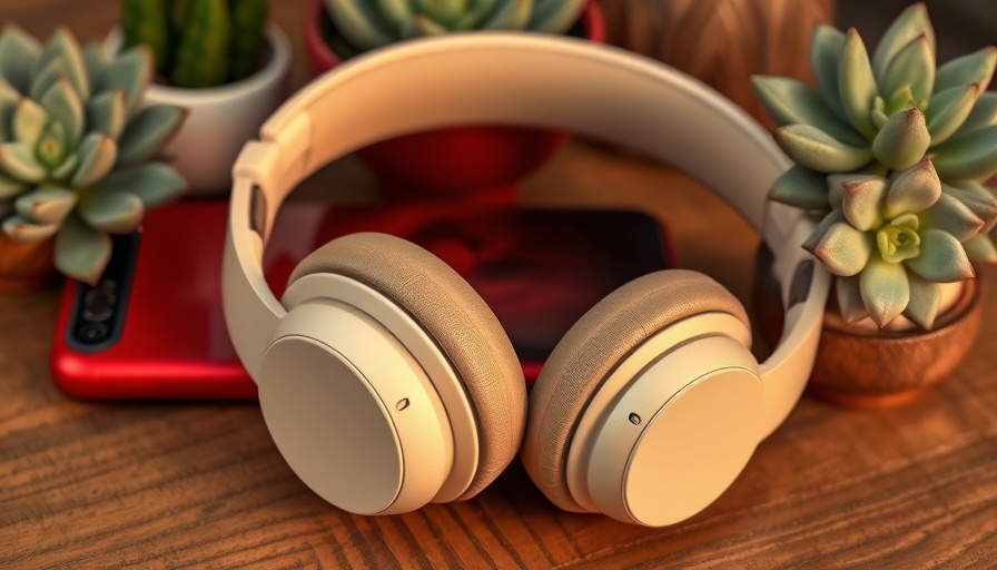 Sleek noise-canceling headphones resting on a wooden table with tech items.