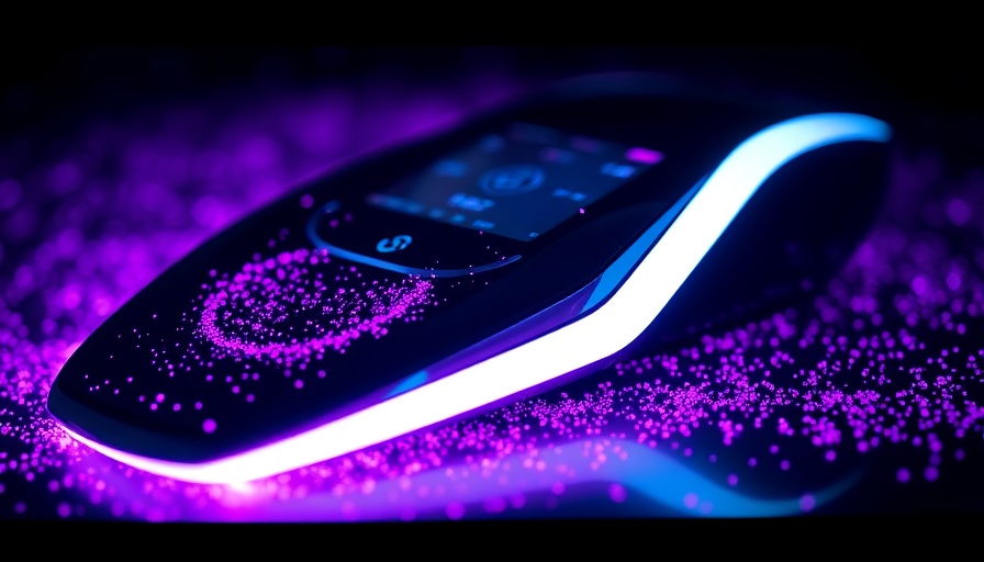 Futuristic device with glowing purple particles, Samsung Galaxy Z Fold7 promo.