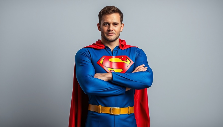 Superhero in blue suit and red cape posing confidently.