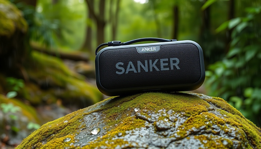 Anker Soundcore Boom 2 speaker on mossy rock outdoors.