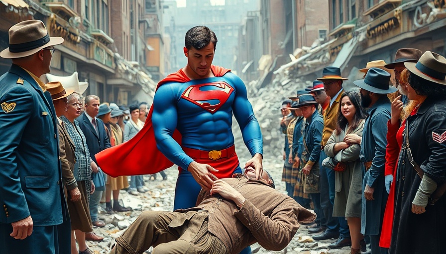 Superman assists injured man, cultural conversation backdrop.