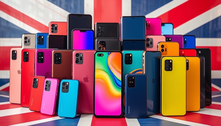 Colorful foldable smartphones, British flag background, Galaxy Z foldables discounts.