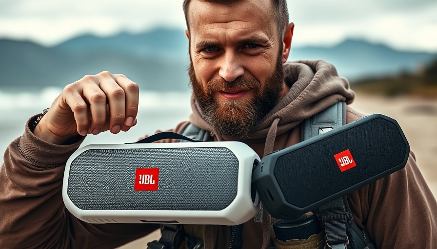 Man displays JBL portable speakers, beach setting.