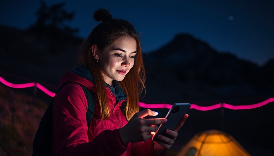 Woman using phone with T-Mobile T-Satellite service in campsite.