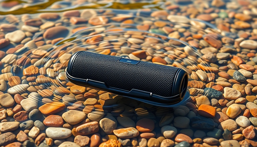 Black waterproof speaker in shallow water over pebbles