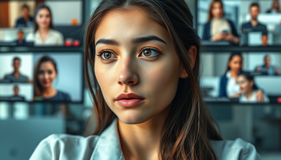 Young woman in intense video call scene with diverse participants, War of the Worlds.