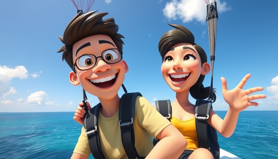 Love and Deepspace summer event: animated couple parasailing over ocean