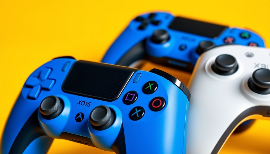 New PS5, Xbox, and Switch game controllers on yellow background.