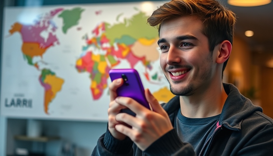 Young man holding a smartphone discussing ringer preferences, colorful map background.