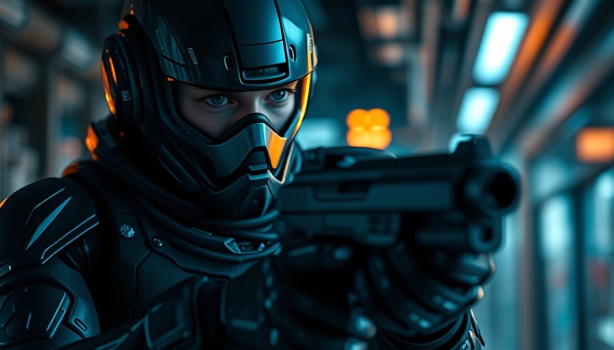 Futuristic agent with gun in tech setting, Sascha Dikiciyan.