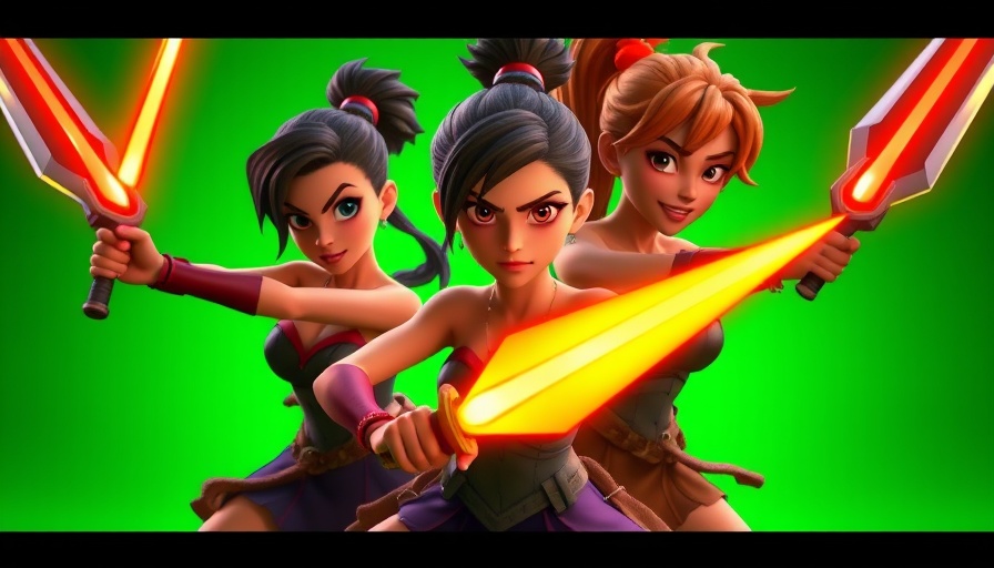 Animated KPop Demon Hunters in intense action pose, glowing weapons