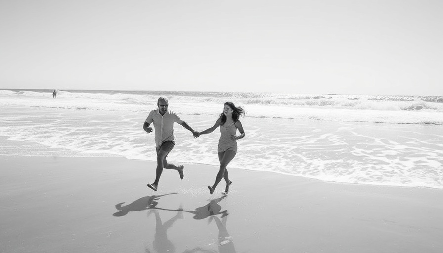 Joyful beach run in monochrome, capturing dynamic action.