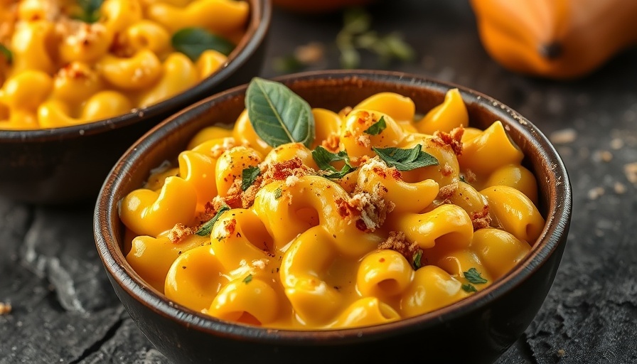 Creamy Butternut Squash Mac & Cheese in rustic bowls, garnished with herbs.