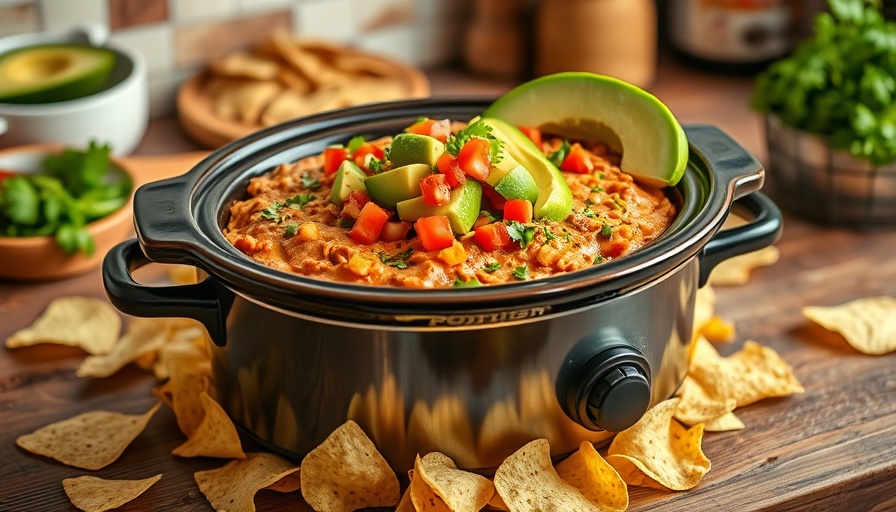 Healthy Crockpot Taco Dip with vibrant toppings and chips.