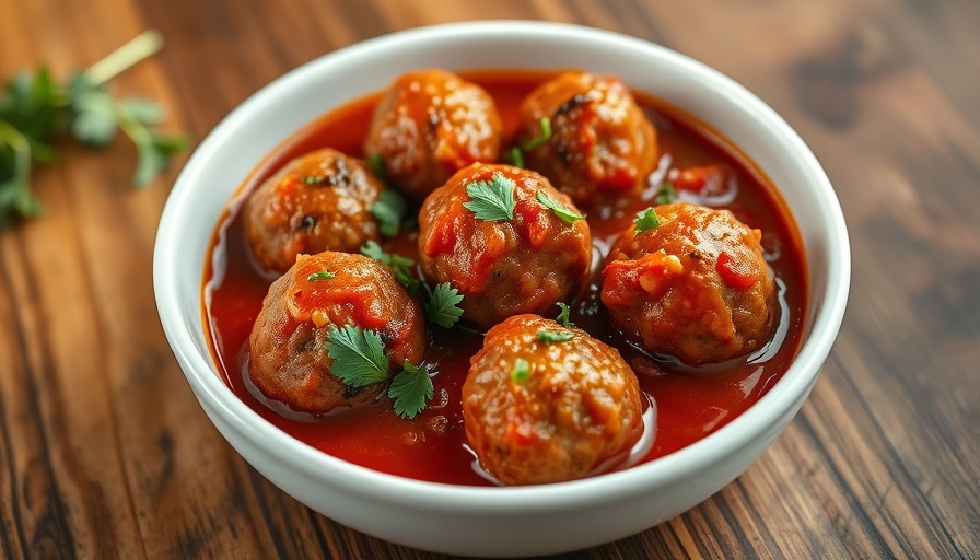 Healthy meatball recipes in tomato sauce, garnished with herbs.