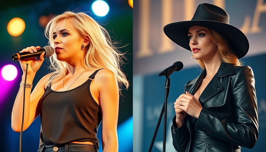 Dynamic split-image of female artists, one performing energetically, another at an awards show.