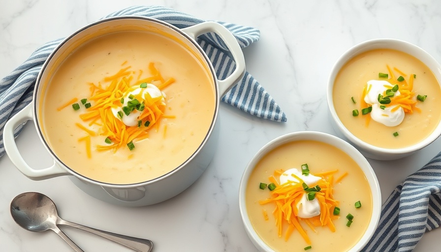 Healthy fall soup with garnishes in bowls and pot on marble