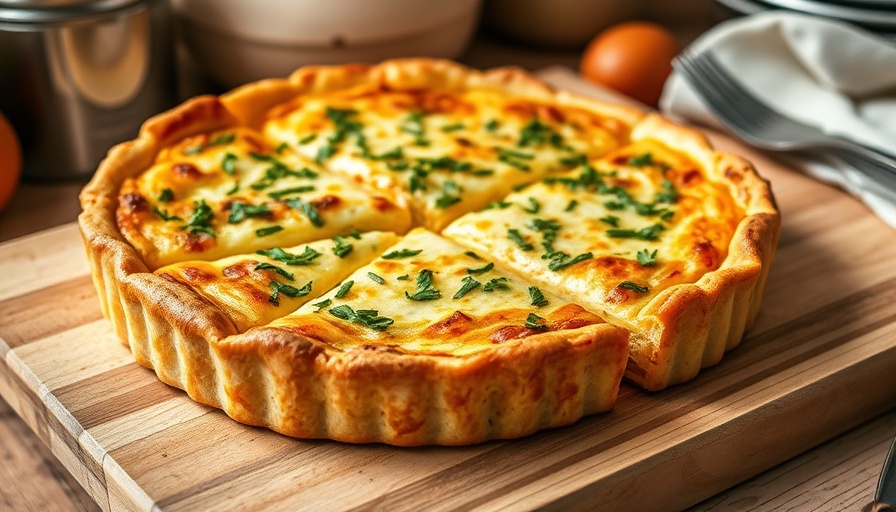 Healthy quiche recipe showcased on a wooden board.