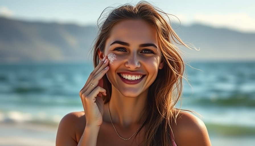 Young woman at beach applying sunscreen, sunscreen contouring risks