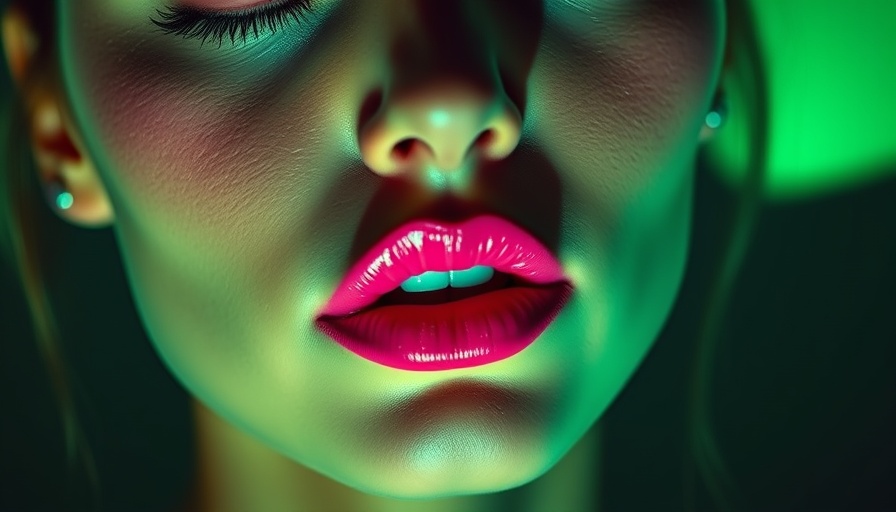 Close-up with bold pink lipstick under green light; best makeup palettes.