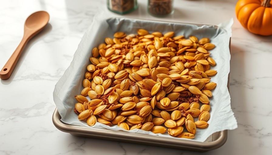 Golden roasted pumpkin seeds on a tray demonstrating how to roast pumpkin seeds.