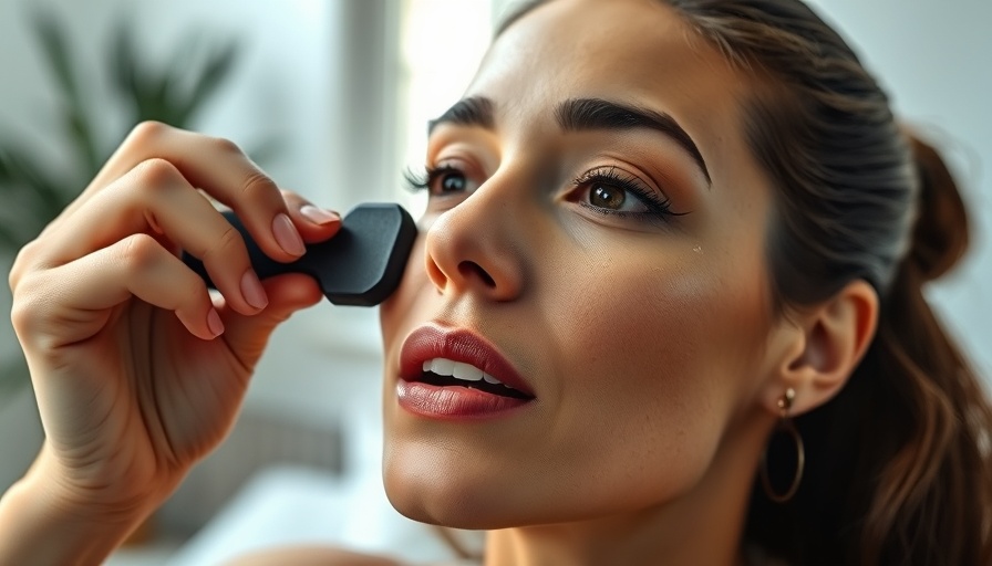 Woman using gua sha tool for lymphatic drainage in four steps.