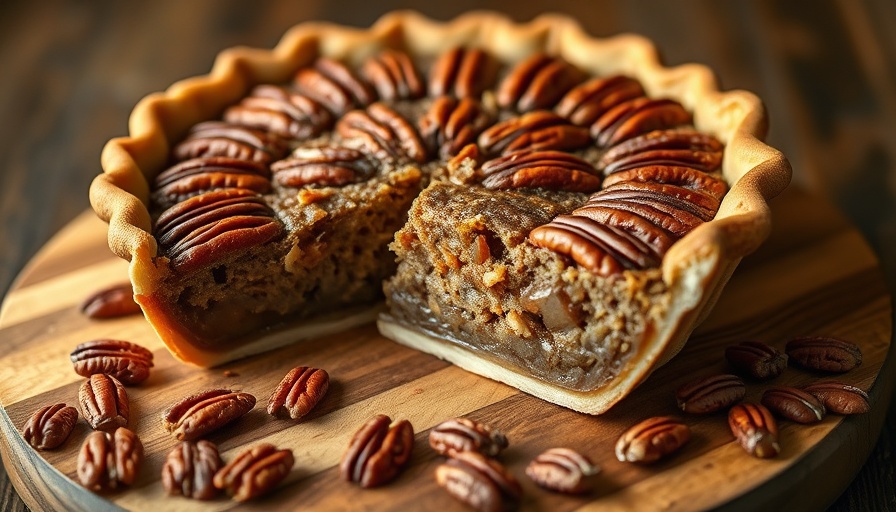 Delicious healthier pecan pie with a slice out, on a wooden board.