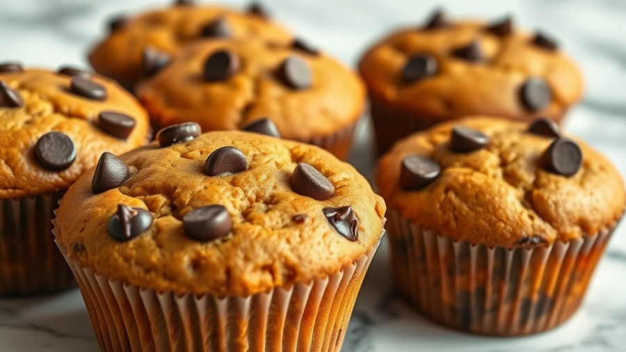 Delicious pumpkin chocolate chip muffins on marble surface.