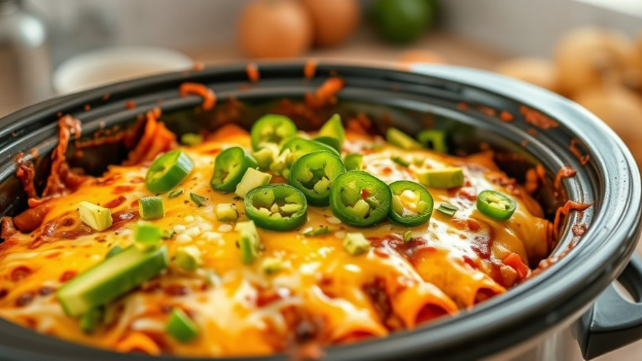 Healthy crockpot enchilada dinner with avocado and jalapeño