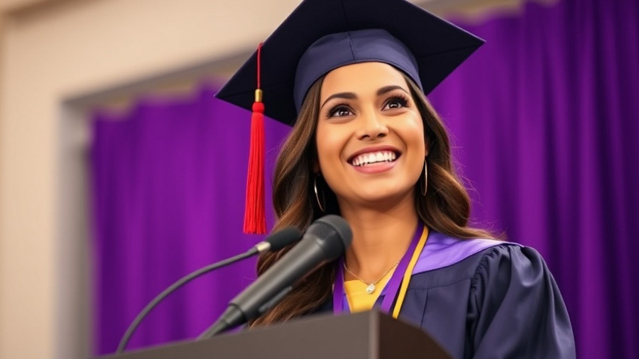 Graduate woman in gown speaking at event, Taylor Swift lyrics or classic poetry