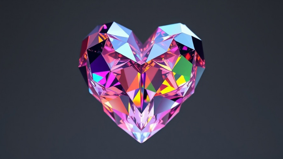 Heart-shaped crystal reflecting colorful prisms, crystal moments with children.