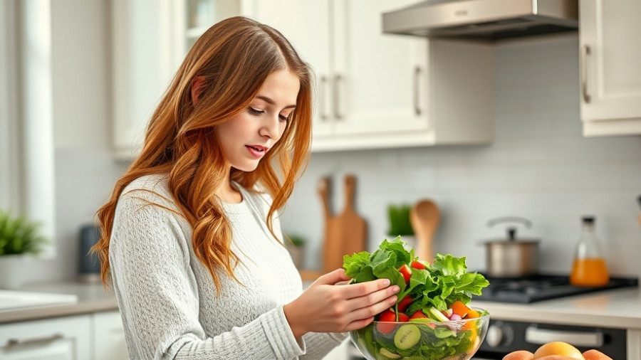 Woman preparing salad in a modern kitchen, creating a safe space at the dinner table.