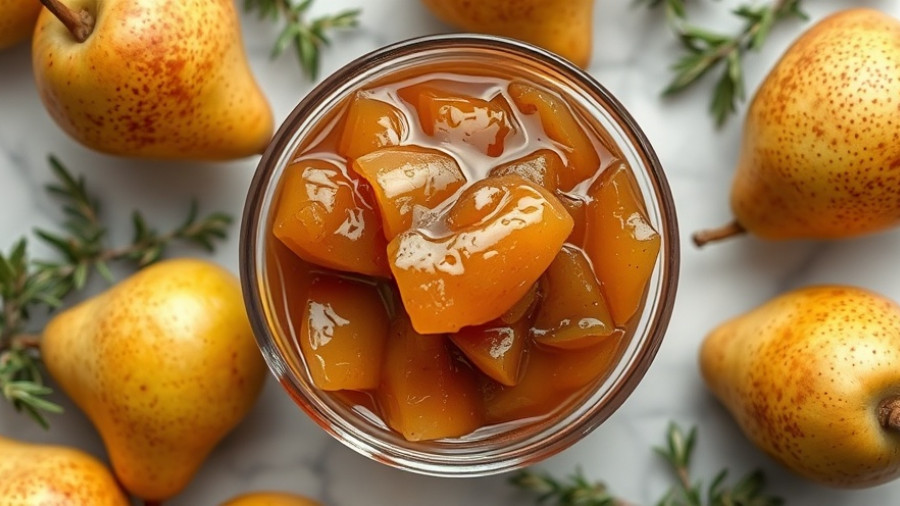 Homemade pear preserves in glass bowl with pears and rosemary.
