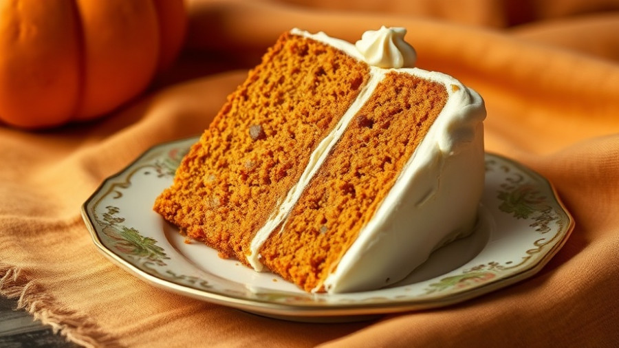Close-up of a slice of easy pumpkin cake with frosting.